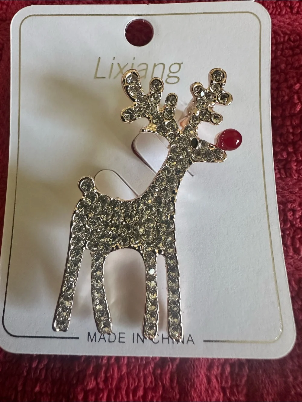 Rhinestone Reindeer Brooch - Silver with Red Nose